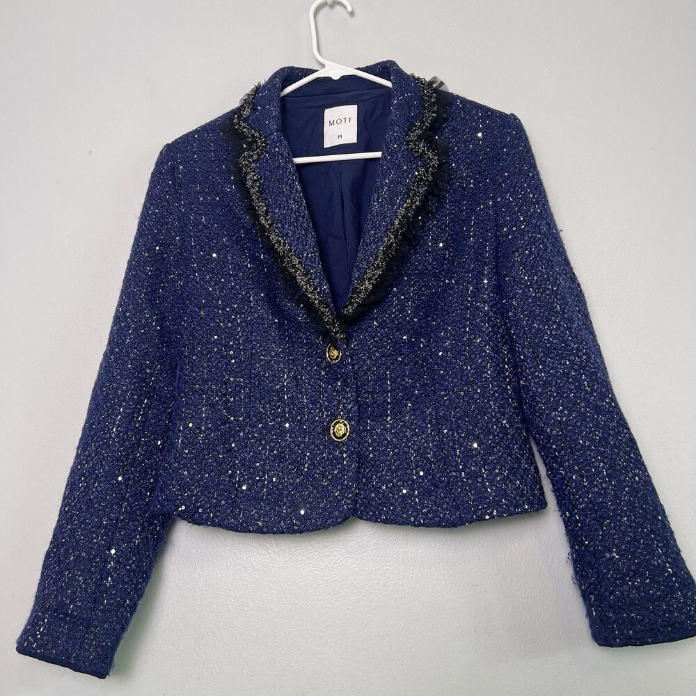 MOTF Women's Tweed Contrast Tape Trim Lapel Collar Blazer Blue Sz M Preppy